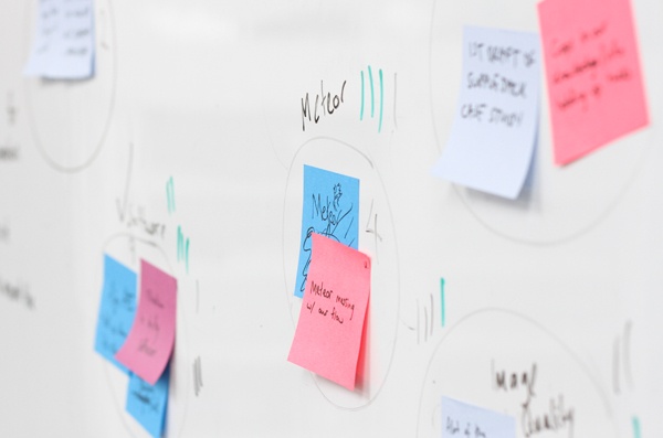 A whiteboard with post-its for a Scrum retrospective. 