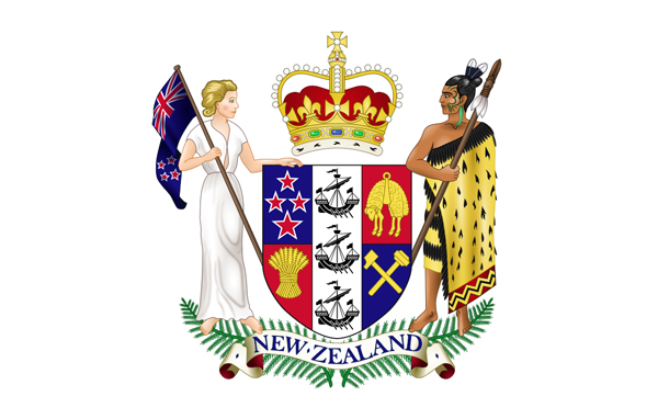 New Zealand coat of arms. Version with more white space added to the coat of arms created by Sodacan / CC BY-SA (https://creativecommons.org/licenses/by-sa/3.0)