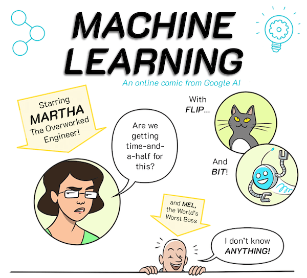 First panel of the Learning Machine Learning comic from Google AI. Click to view the comic online.