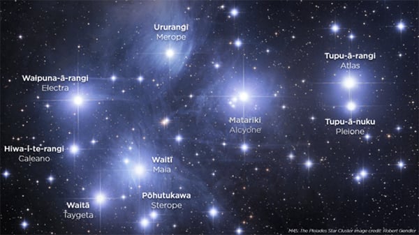 The Matariki Stars graphic showing the Maori names and placements of the 9 Matariki stars, along with the Greek names. Image by Robert Gendler - CC BY-SA 4.0