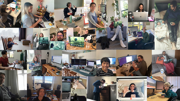 Collage of photos of Boosters working from home.