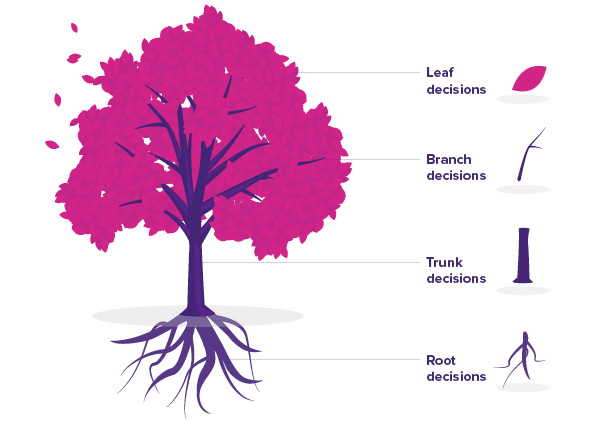 Diagram of the decision tree showing the four decision types: leaf, branch, trunk and root. Click to view full PDF with criteria and examples.