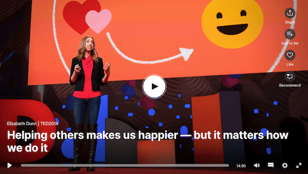 Still from Elizabeth Dunn's TED talk on how helping others makes us happy. Click to view.