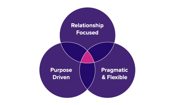 Venn diagram showing that Boost's ideal client is relationship-focused, purpose-driven and pragmatic & flexible.