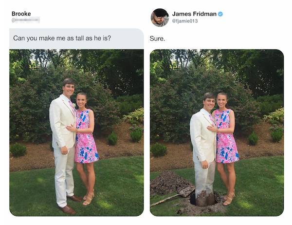 Screenshot from James Fridman's website showing a photo edited to make both figures the same height by making it look like one is standing in a freshly dug hole in the lawn.