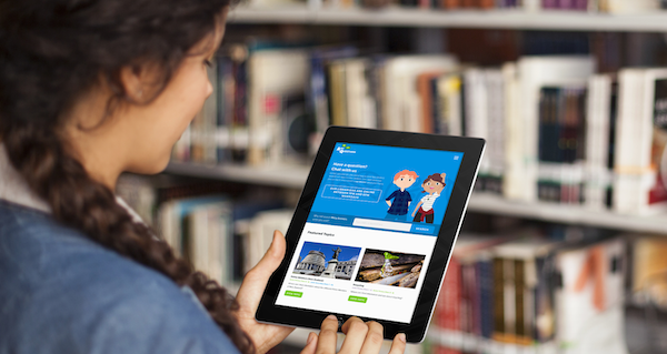 Click the photo of a girl using AnyQuestions on a tablet to go to the AnyQuestions website. 