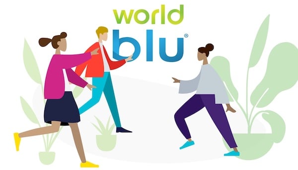 Graphic showing figures celebrating in front of the WorldBlu logo.